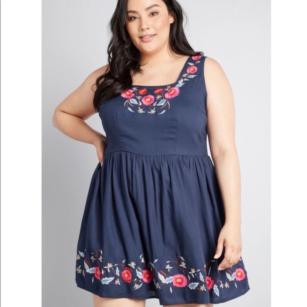 ModCloth Navy Enlightened Look Embroidered Dress